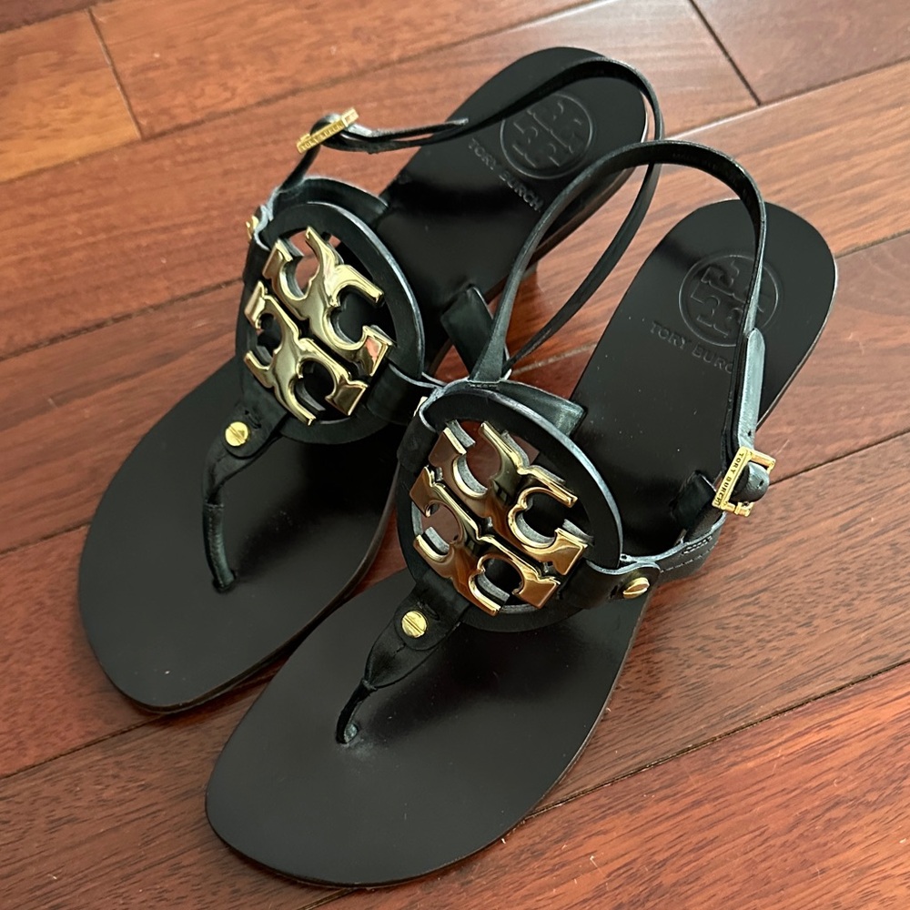 Tory Burch Black Sandals with Gold Accents